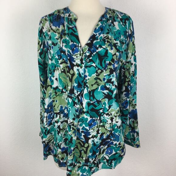 Philosophy Green Black Blue Floral Pop Over  top 0X - Picture 2 of 7
